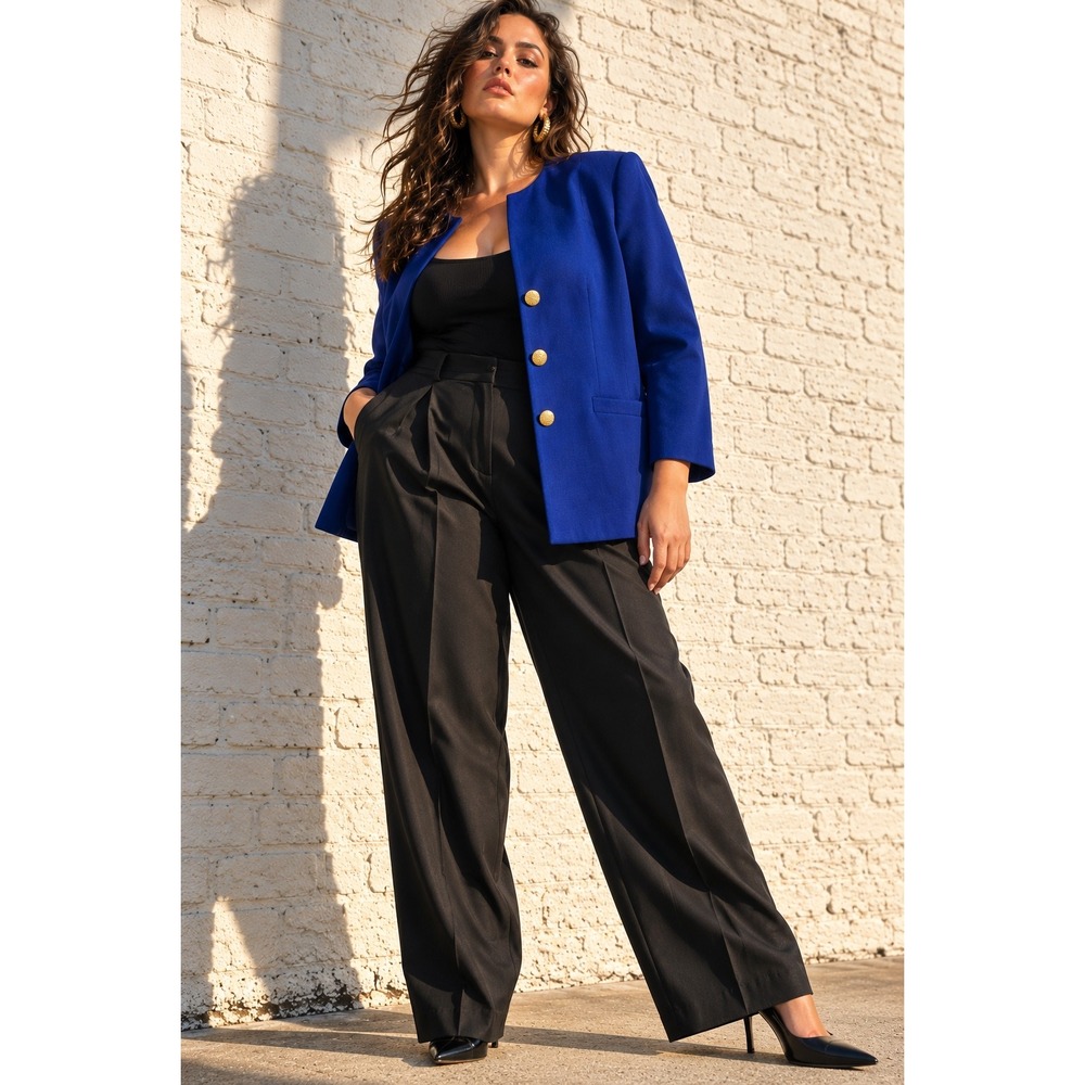 Vintage Oleg Cassini Blue Wool Collarless Blazer Gold Button Jacket Tailored 14